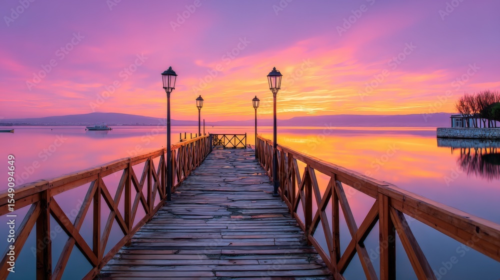 Fototapeta premium Scenic wooden pier extending over tranquil water at vibrant sunset with colorful sky