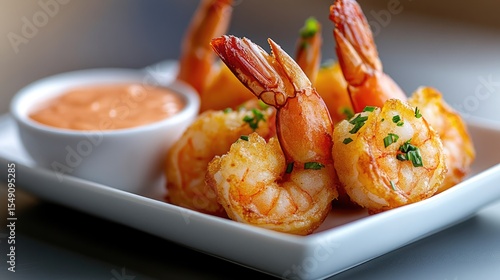 Crispy golden shrimp tempura with dipping sauce, giving the dish a burst of flavor.