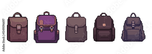 Pixel Art Backpack and Briefcase Collection, Travel and School Icons. versatile collection of five distinct pixel art bags, ranging from briefcases to backpacks in a classic retro video game