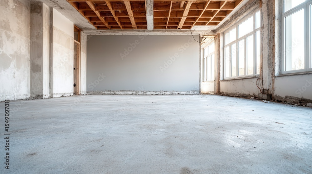 Obraz premium A wide-angle view of an empty, unfinished room showcases the simplicity of raw concrete floors and exposed beams, capturing the essence of potential and renovation opportunities.