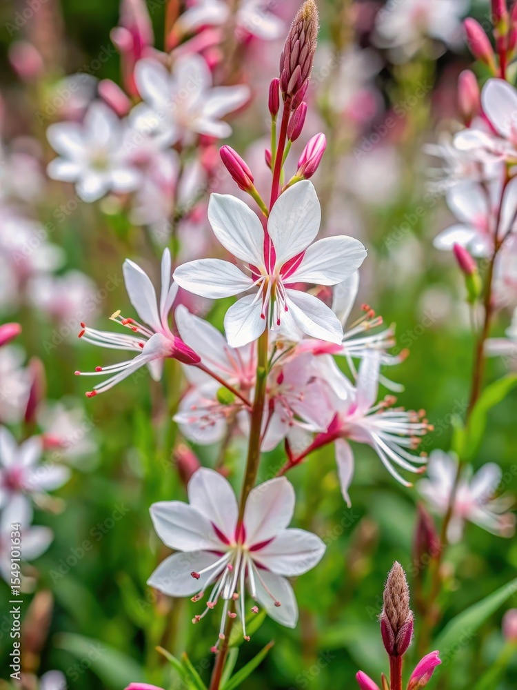 Obraz premium Close-up of delicate white blooms and green stems of Gaura lindheimeri 'Siskiyou Pink' blooming in a lush garden setting