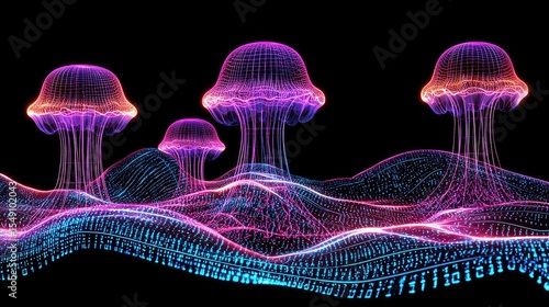 Digital art display of vibrant jellyfish in 3d abstract ocean environment futuristic visualization