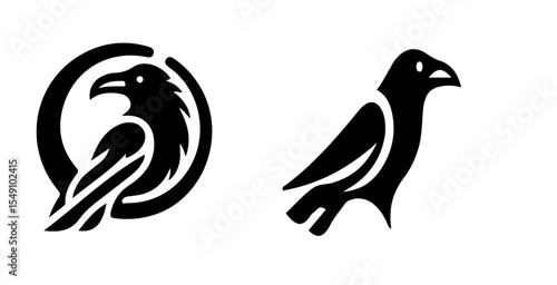 Two stylized black raven illustrations one enclosed in a circle on a white background simple design