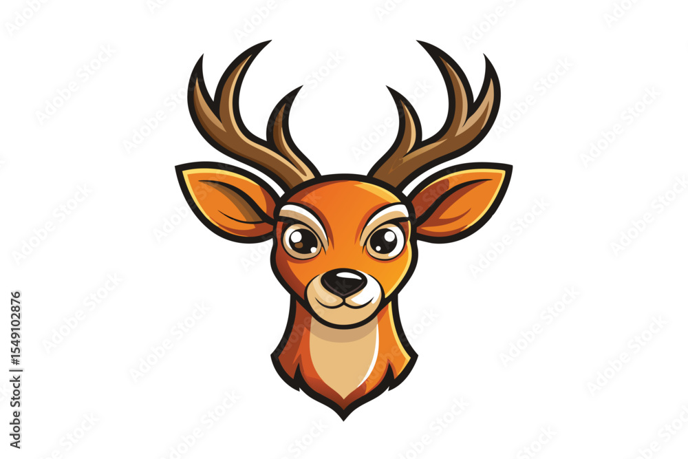 Fototapeta premium Cartoonstyle deer head features big eyes and brown antlers on a white backdrop