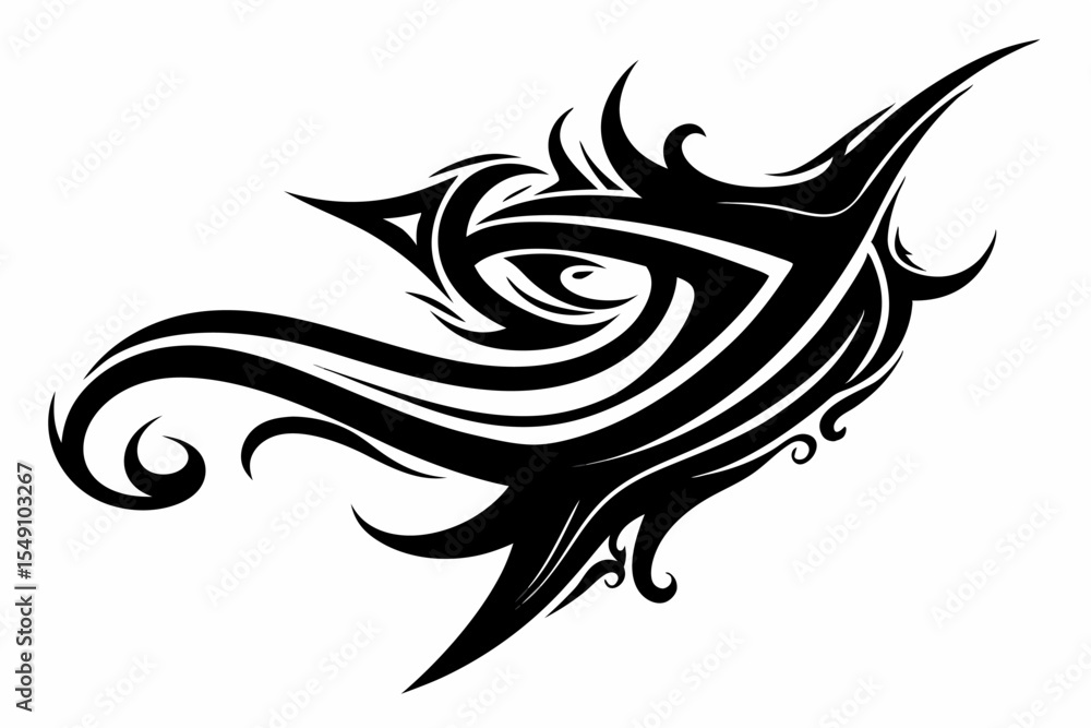 Obraz premium Stylized black tribal tattoo design featuring sharp curves, pointed edges, and an abstract flame-like form. This bold and symmetrical vector graphic is ideal for tattoo templates,
