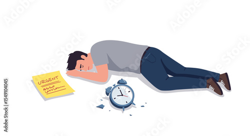 Overwhelmed by stress: man sleeping next to broken alarm clock - urgency and time management concept vector illustration