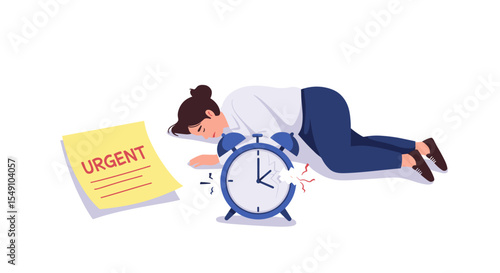 Procrastination and stress concept illustration with woman ignoring alarm clock and urgent task note vector illustration