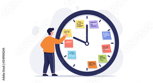 Time management concept with person organizing colorful sticky notes on large clock illustration vector illustration