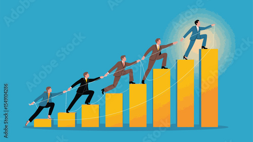 business team helping each other climb yellow bar chart, symbolizing teamwork, leadership, progress, support, and collective success