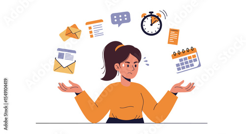 Woman managing busy schedule with incoming emails and calendars for effective time management vector illustration