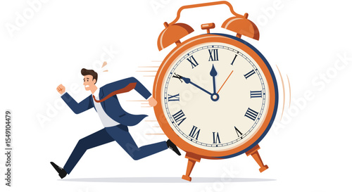 Businessman in a hurry running with a giant clock in pursuit - vector illustration for time management concepts