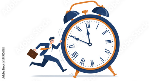 Time management concept with businessman racing against clock for motivation and productivity design vector illustration