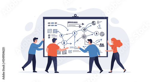 Team collaboration and strategy planning with flowcharts and diagrams for project management vector illustration