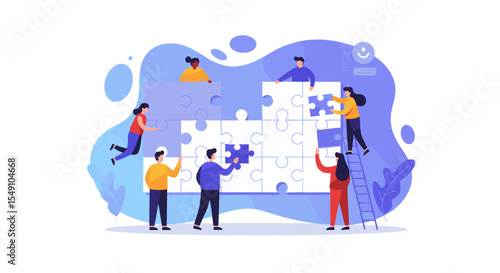 Teamwork and collaboration concept with people assembling puzzle - vector illustration for posters