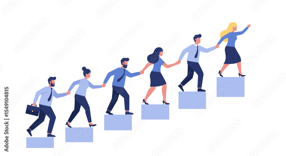 Teamwork and leadership concept with businesspeople climbing stairs for success in a corporate environment vector illustration Teamwork and leadership concept with businesspeople climbing stairs for success in a corporate environment vector illustration