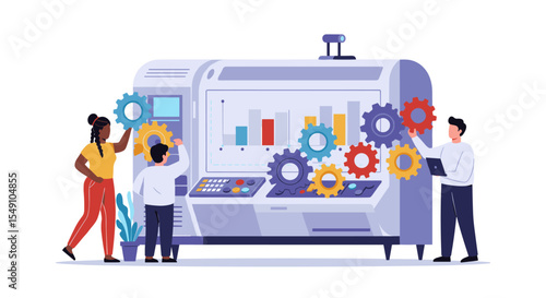 Teamwork in data analysis and automation for seamless workflow design vector illustration