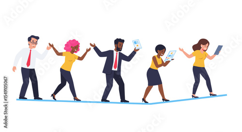 Business team progression concept with professionals walking and innovating in technology vector illustration