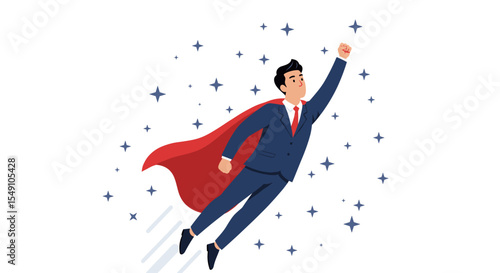 Businessman in suit and red cape flying among stars in a vector illustration
