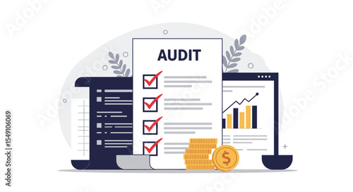 Financial audit process illustration with checklist and analysis for business planning vector illustration
