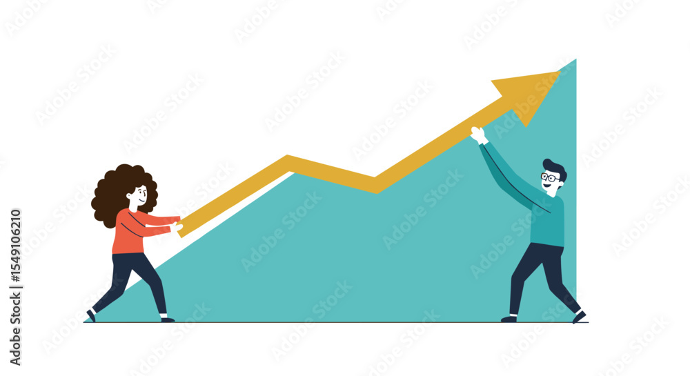 Fototapeta premium Teamwork concept with characters lifting upward arrow chart for business success design vector illustration