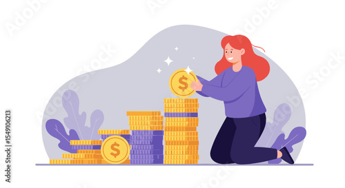 Saving money concept with woman stacking coins for financial growth and planning vector illustration