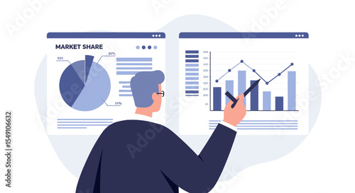 Business analyst reviewing market share and growth data for strategic planning vector illustration