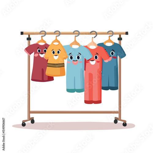 clothes rack in cute cartoon character style with expressive face and limbs.