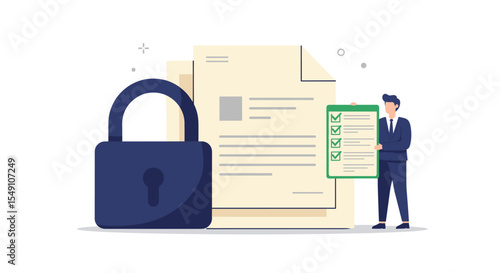 Secure data management concept with lock symbol and document checklist for digital safety design vector illustration