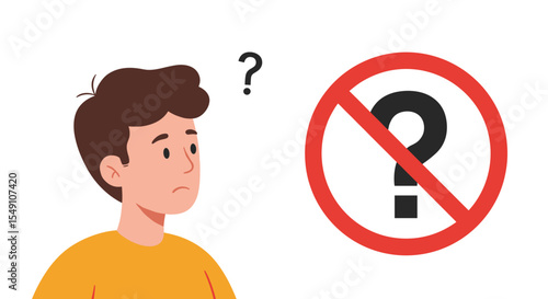 Confused young man with prohibition question mark sign - problem solving concept vector illustration