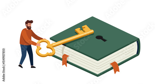 Unlocking knowledge concept with giant key and book for educational illustration design vector illustration