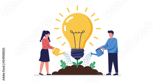 Teamwork for innovation and growth - vector illustration of people nurturing light bulb for creative design