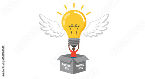 Creative idea concept with winged light bulb emerging from boring task box for innovative design vector illustration