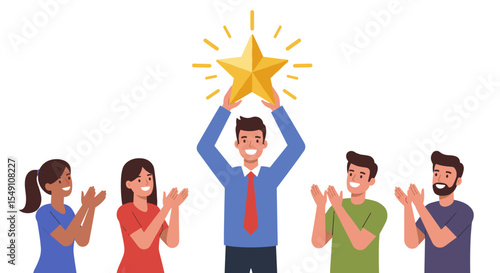 Team achievement celebration with people applauding a star success concept for motivation and recognition design vector illustration