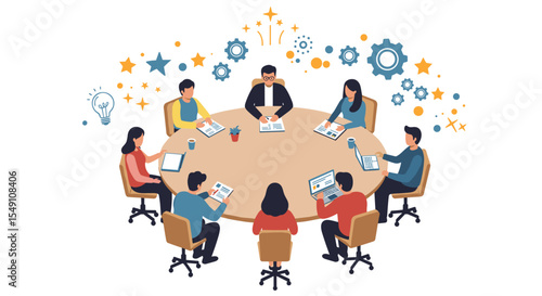 Collaborative team meeting with creative brainstorming for innovation and problem solving vector illustration