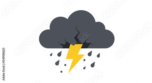 Thunderstorm vector illustration with dark cloud, lightning bolt, and raindrops for weather designs