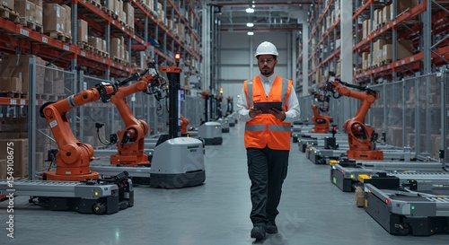 Warehouse Supervisor Overseeing Automated Robotic System Operations