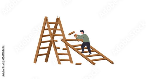 Overcoming challenges with broken ladders: problem solving in construction illustration vector illustration