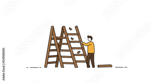 Unexpected mishap with a broken ladder and repair attempt - conceptual illustration for safety awareness vector illustration
