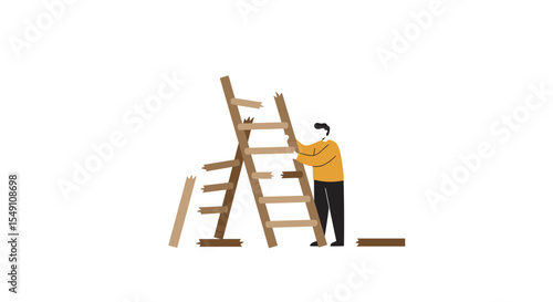 Man attempting to fix a broken ladder - problem solving and repair concept vector illustration