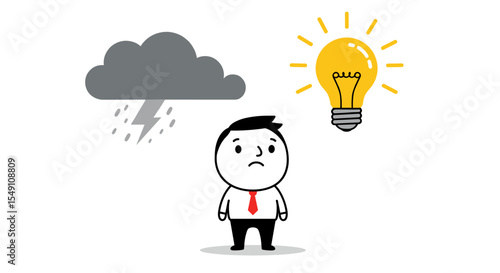 Businessman cartoon faced with dilemma of thunderstorm cloud and bright idea bulb vector illustration