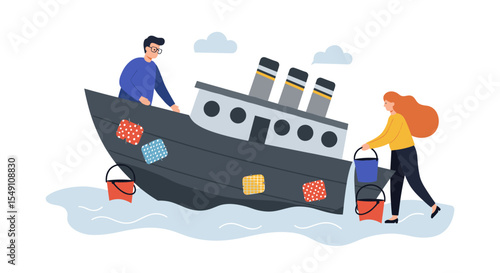 Teamwork and problem solving in crisis: collaborative ship repair illustration for educational and motivational design vector illustration