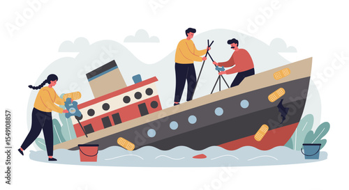 Teamwork and repair on a sinking ship concept vector illustration for design projects