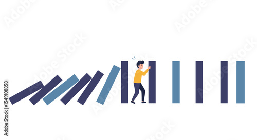 Man stopping domino effect, risk management and problem solving in business illustration vector illustration
