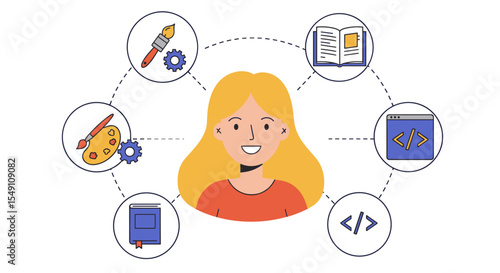 Creative learning and coding skills for young artists and developers - educational graphic design vector illustration