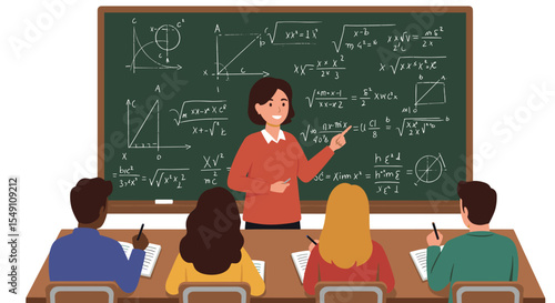 Teacher explaining math concepts on chalkboard to attentive students in classroom setting vector illustration