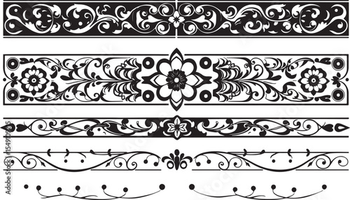 A set of decorative patterned borders, lines, and stripes. Hand drawn vector illustration