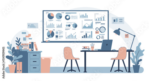 Office workspace with analytics dashboard for business analysis and productivity vector illustration