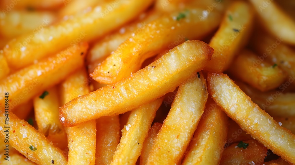 Delicious, golden brown French fries sprinkled with coarse salt and herbs, offering a visual treat for snack lovers and food enthusiasts Delicious, golden brown French fries sprinkled with coarse salt and herbs, offering a visual treat for snack lovers and food enthusiasts
