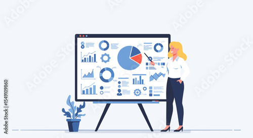 Business presentation scene with woman analyzing data on a whiteboard vector illustration