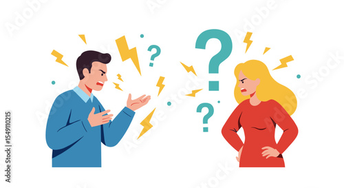 Illustrative concept of miscommunication between people with angry expressions and question marks vector illustration